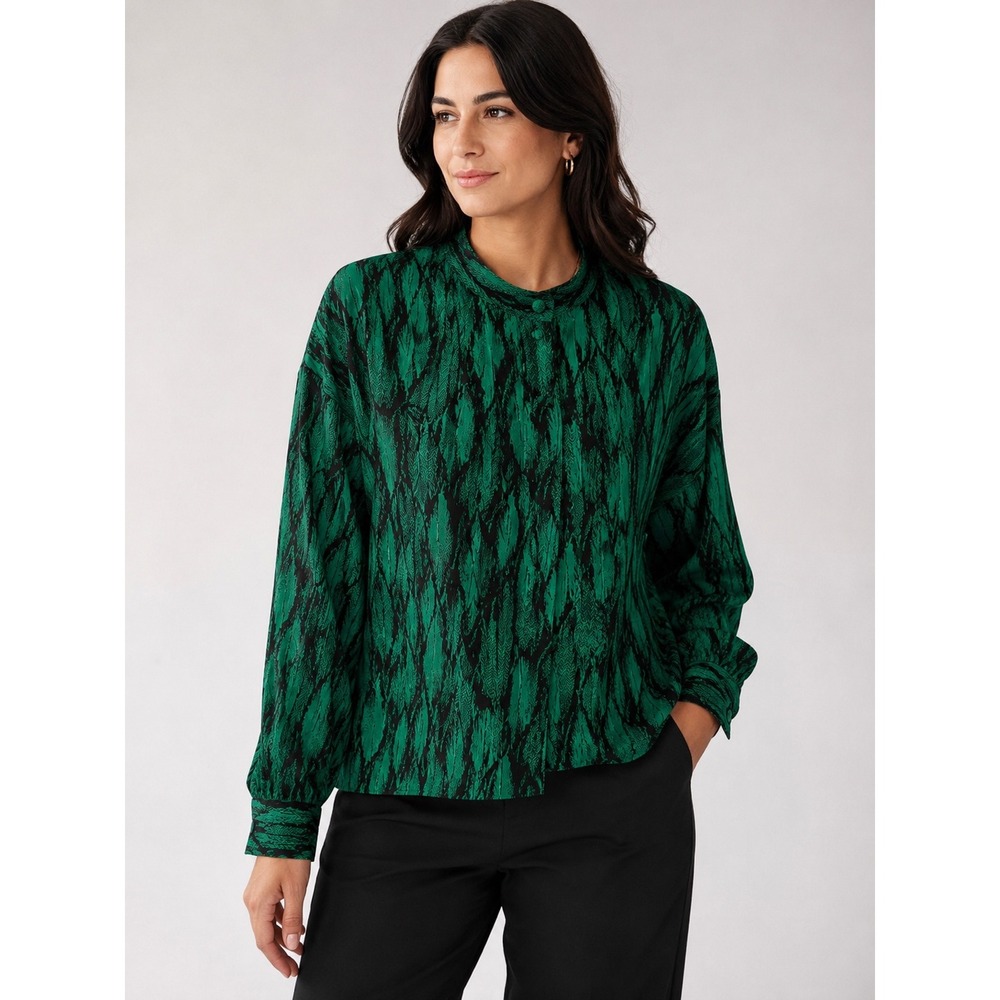 Jacques Vert Blouse Mock Neck Green Relaxed Abstract Print Vintage XL 16 Office